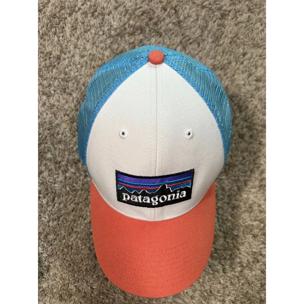 Patagonia Logo Trucker Hat White Blue Orange Snapback Cap Mesh‎ Back Mens Hiking
